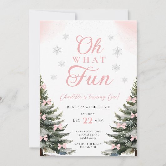 ピンクの蝶リボン冬の女の子1歳の誕生日 招待状 (正面)