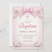 ピンクの蝶リボン天使 洗礼 花枠 招待状 (正面)