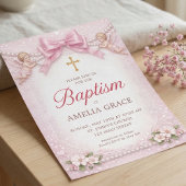 ピンクの蝶リボン天使 洗礼 花枠 招待状