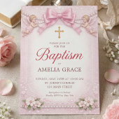 ピンクの蝶リボン天使 洗礼 花枠 招待状