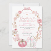 ピンクの蝶リボン かぼちゃ 洗礼と誕生日 招待状 (正面)