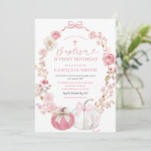 ピンクの蝶リボン かぼちゃ 洗礼と誕生日 招待状 (スタンド正面)