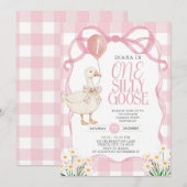 ピンクの蝶リボン ギンガム ダイシー ワン シリ― グース 誕生日 招待状 (正面/裏面)