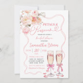 ピンクの蝶リボン コケッティー ペタルとプロセッコ 招待状 (正面)