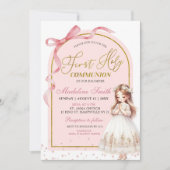 ピンクの蝶リボン パール ファーストホーリーコミュニオン 招待状 (正面)