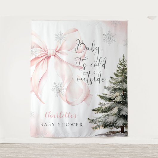 ピンクの蝶リボン ベイビーシャワー It's Cold Outside タペストリー (正面)