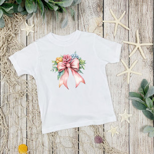 ピンクの蝶リボン 水彩フラワーのコケティッシュガール トドラーTシャツ