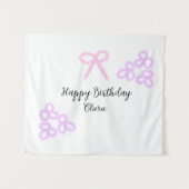 ピンクの蝶リボン 紫の花 パステルカラー ハッピーバースデー タペストリー (正面(横))