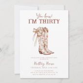 ピンクの蝶リボン 花柄 カウボーイブーツ ウェスタン 30歳の誕生日 招待状 (正面)