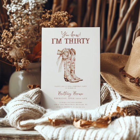 ピンクの蝶リボン 花柄 カウボーイブーツ ウェスタン 30歳の誕生日 招待状
