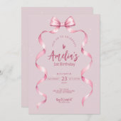 ピンクの蝶リボン 誕生日招待状 招待状 (正面/裏面)