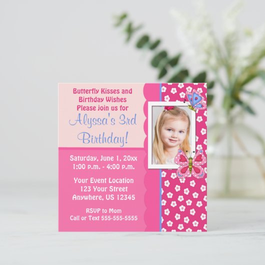 ピンクの蝶女の子の誕生日の招待状 招待状 (スタンド正面)