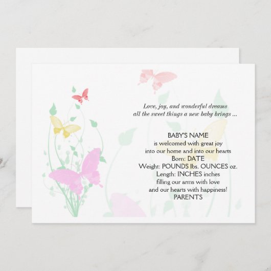 ピンクの蝶庭のベビーの発表 案内状 (正面/裏面)