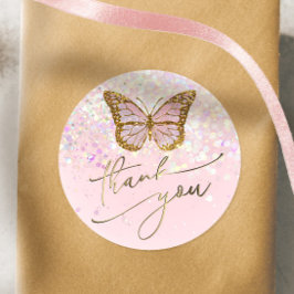 ピンクの蝶感謝してい蝶ユークラシックラウンドステッカー ラウンドシール