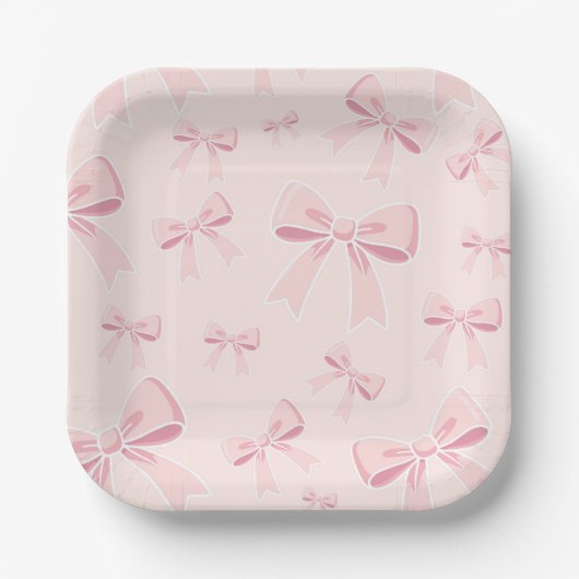 ピンクの蝶結びが可愛らしいコテージ風の誕生日パーティー ペーパープレート (正面)
