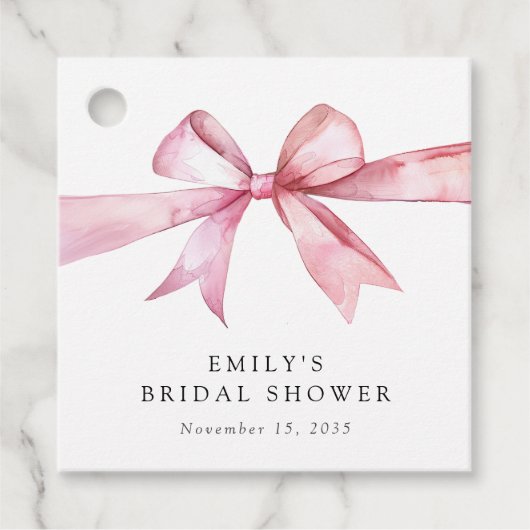 ピンクの蝶結びで彩られたブライダルシャワー フェイバータグ (正面)
