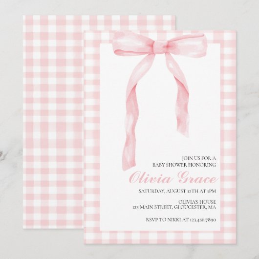 ピンクの蝶結びとギンガムチェックのプレッピーなベビーシャワー 招待状 (正面/裏面)