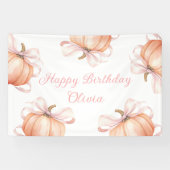 ピンクの蝶結びのカボチャの誕生日バックドロップバナー 横断幕 (横)