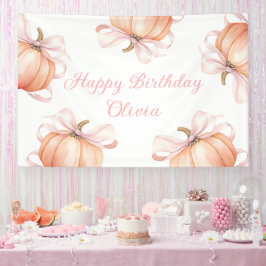ピンクの蝶結びのカボチャの誕生日バックドロップバナー 横断幕
