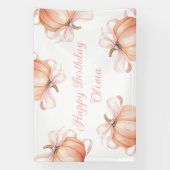 ピンクの蝶結びのカボチャの誕生日バックドロップバナー 横断幕 (縦)