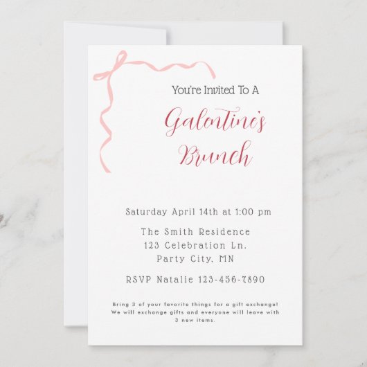 ピンクの蝶結びのガレンティーンズのブランチ招待状 招待状 (正面)