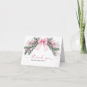 ピンクの蝶結びのクリスマス折りたとうありがとうカード サンキューカード (正面)