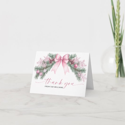 ピンクの蝶結びのクリスマス折りたとうありがとうカード サンキューカード (正面)
