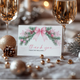 ピンクの蝶結びのクリスマス折りたとう式感謝カード サンキューカード