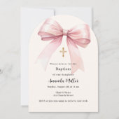 ピンクの蝶結びのクリーム色の女の子 洗礼 アーチ 招待状 (正面)