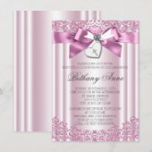 ピンクの蝶結びのクロス 初聖体拝領 招待状 (正面/裏面)