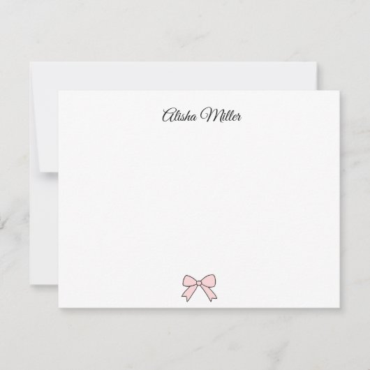ピンクの蝶結びのクートカスタムネームステーショナリー ノートカード (正面)