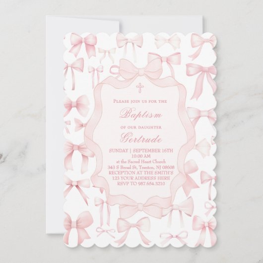 ピンクの蝶結びのデザインの洗礼招待状 招待状 (正面)