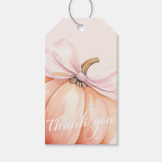 ピンクの蝶結びのパンプキンベイビーシャワー ギフトタグ (正面)