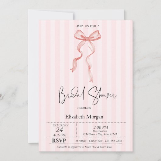 ピンクの蝶結びのリボン ピンクのストライプ 結婚前のお祝い 招待状 (正面)