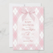 ピンクの蝶結びのロッキングホース ポロ ヴィンテージ ベビーシャワー 招待状 (正面)