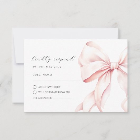 ピンクの蝶結びの上品な 返信カード (正面)