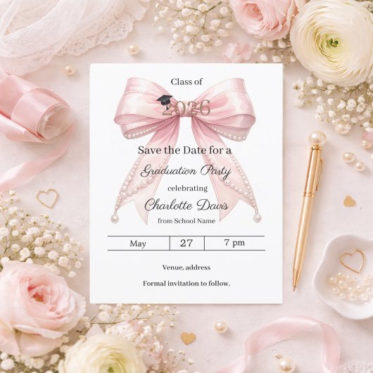 ピンクの蝶結びの写真 卒業パーティー Save the Date チラシ