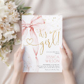 ピンクの蝶結びの女の子のベビーシャワー 招待状