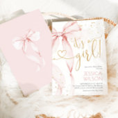 ピンクの蝶結びの女の子のベビーシャワー 招待状