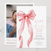 ピンクの蝶結びの女の子 ベビーシャワー フォト QR コード 招待状 (正面/裏面)