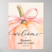 ピンクの蝶結びの小さなかぼちゃのベビーシャワーウェルカム ポスター (正面)