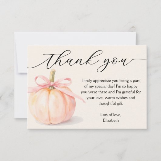 ピンクの蝶結びの小さなカボチャのベビーシャワーお礼 ノートカード (正面)