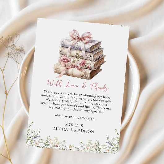 ピンクの蝶結びの本 ベビーシャワーの感謝カード サンキューカード