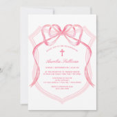 ピンクの蝶結びの洗礼 招待状 (正面)