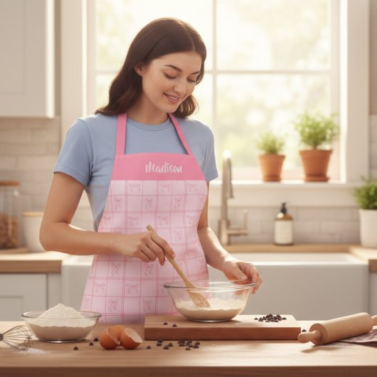 ピンクの蝶結びの現代的な乙女チックな名前 エプロン