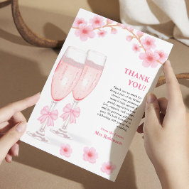 ピンクの蝶結びの花とプロセッコの花嫁シャワー サンキューカード