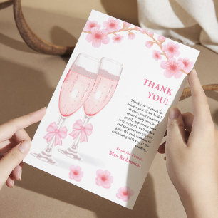 ピンクの蝶結びの花とプロセッコの花嫁シャワー サンキューカード