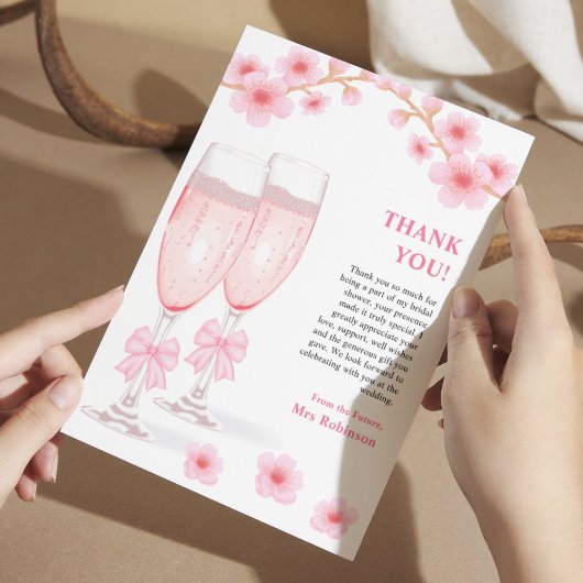 ピンクの蝶結びの花とプロセッコの花嫁シャワー サンキューカード