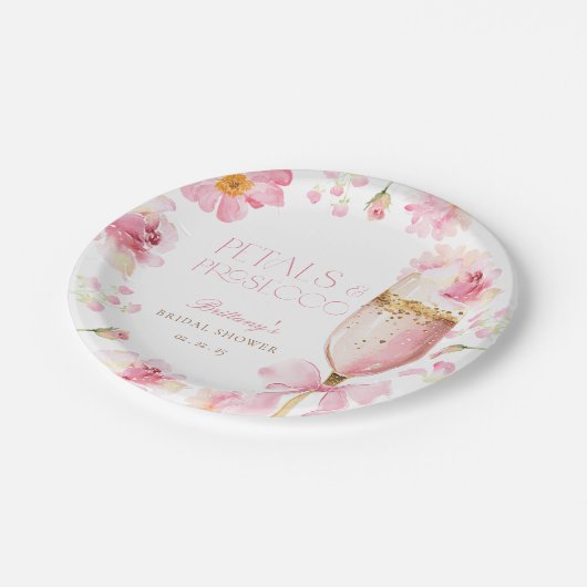 ピンクの蝶結びの花のプロセッコ ブライダルシャワー ペーパープレート (アングル)