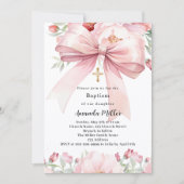 ピンクの蝶結びの花の女の子の洗礼 招待状 (正面)